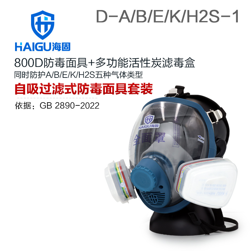 海固800D全面罩+D-A/B/E/K/H2S-1多功能滤毒盒+N2190滤棉+T形滤棉盖 防尘防毒套装